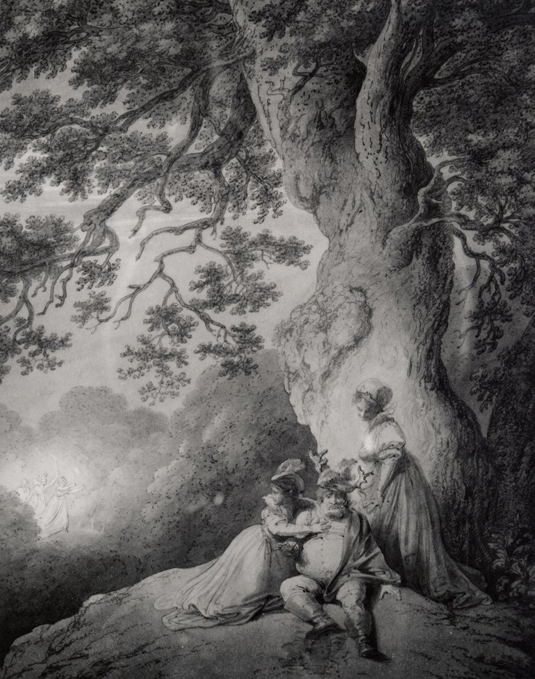 Merry Wives of Windsor, Robert Smirke, 1796 Falstaff, wearing antlers as Herne the Hunter, sits beneath a large tree while two ladies mock him.