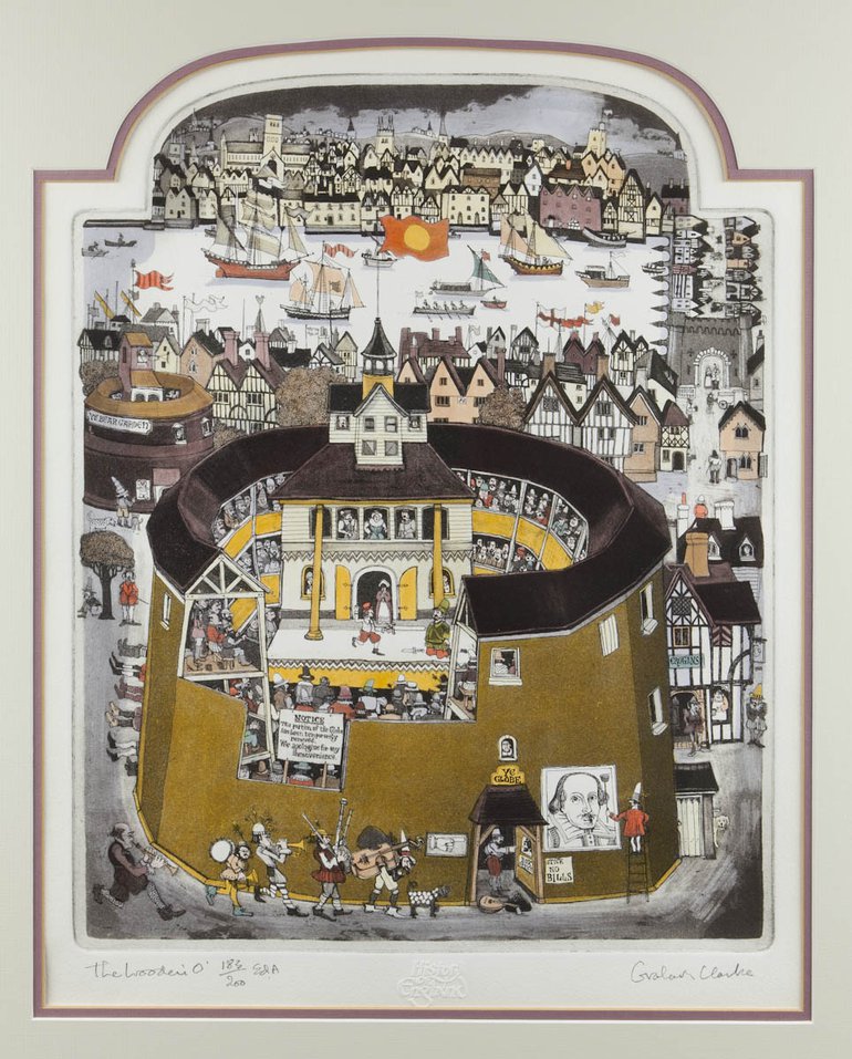 Globe Theatre by Graham Clarke, The circular theatre is in the foreground, with a bit of the front wall missing to show the stage with the set of a house. behind the theatre can be seen houses, and the river with lots of boats.