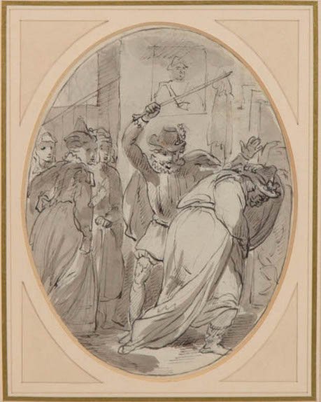 Depicted is the incident in 'The Merry Wives of Windsor' when a disguised Falstaff is chased from Ford's house.