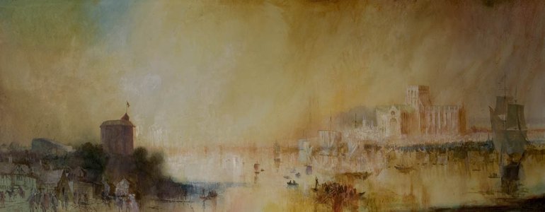 Shakespeare's Globe and the Thames. The painting shows the Globe theatre silhouetted on the left (looking more like a castle, with a very Turneresque yellow sky and vague buildings on the opposite bank of the river.