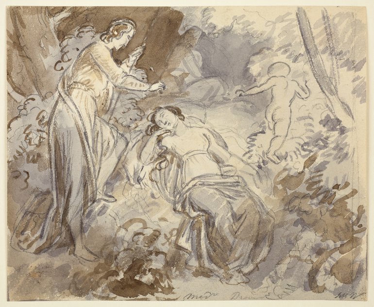 Pencil and wash drawing by John Masey Wright (1777-1866), MSND Act II scene 2