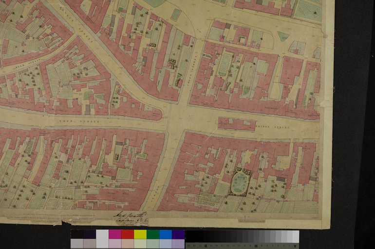 One section of the Board of Health Map, 1851 (BRT7/9), showing the town centre