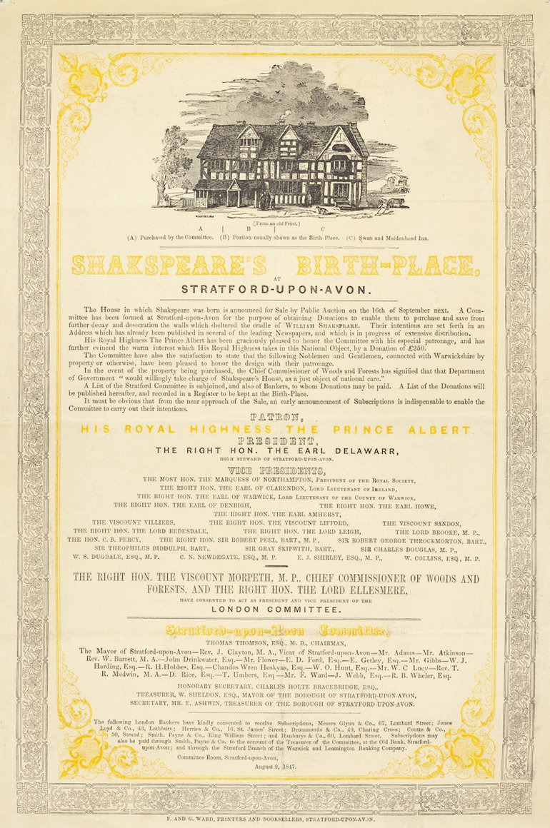 The poster shows a drawing of the Birthplace in isolation. There is a wide decorative border in black round the poster, within which there is yellow decoration except where there is type or the picture. The text includes the names of the Committee.