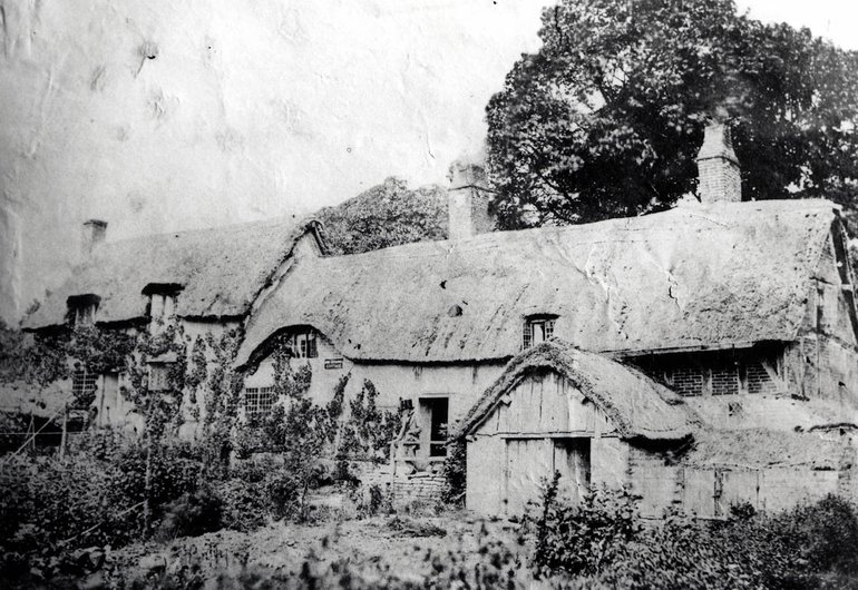 The cottage looks in very poor repair, with damaged thatch and ivy climbing the walls. The outbuildings in front of the road-end of the cottage have a broken door and missing planks. The lawn, though mown, looks unkempt, and the bushes surrounding it are straggly and untidy.