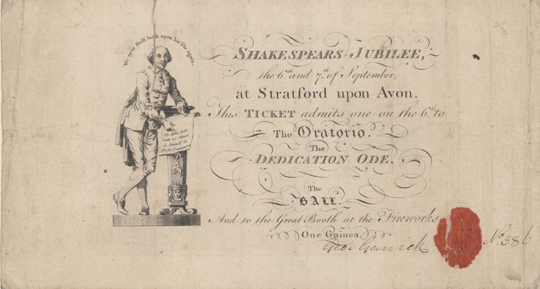 On the left is a drawing of the Town Hall statue of Shakespeare leaning on a pillar, holding a manuscript unrolling against the pillar. Headed "the Shakespeare Jubilee", the ticket admits one to the Oratorio, the Dedication Ode, and the Ball.