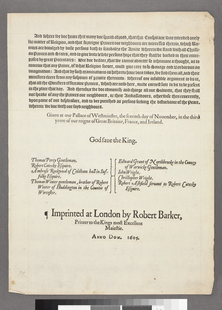 Printed proclamation for the apprehension of the chief conspirators in the Gunpowder Plot