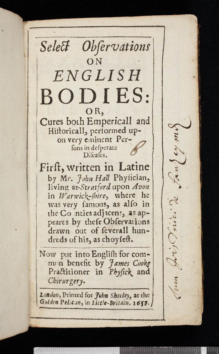 Title page of the English translation (by James Cooke) of John Hall's "Select Observations on English Bodies", written in Latin by Hall.