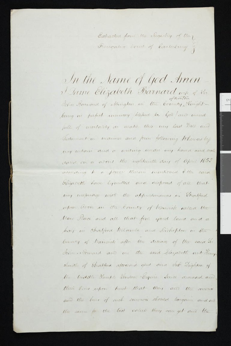 The Will begins "In the name of God, Amen" in large script, followed by "I Mrs Elizabeth Barnard" in slightly smaller script. The remainder is in smaller but very  clear script.