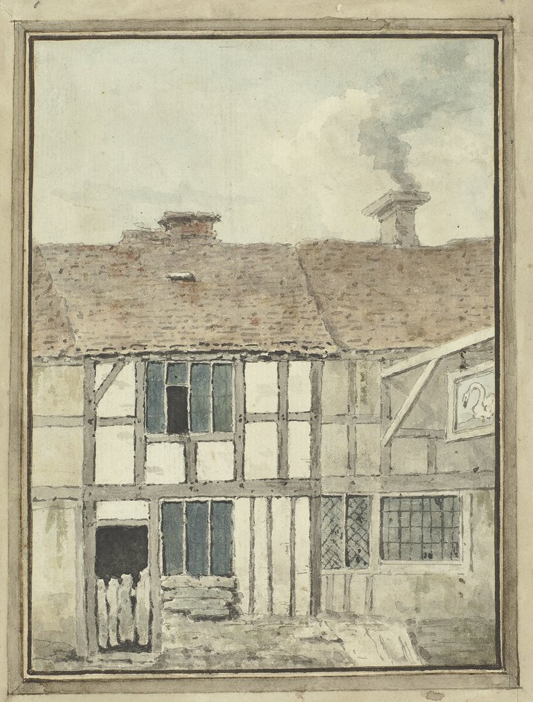 A painting by John Richards, 1769. The Birthplace is shown with white painted walls, while the buildings on either side are left grey. The roof looks in need of repair, and the doorway is barred by a gate of rather rickety vertical slats.