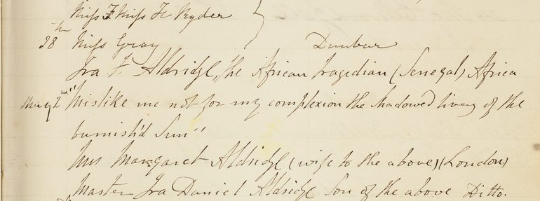 Ira Aldridge's entry in the Birthplace Visitors book 1851