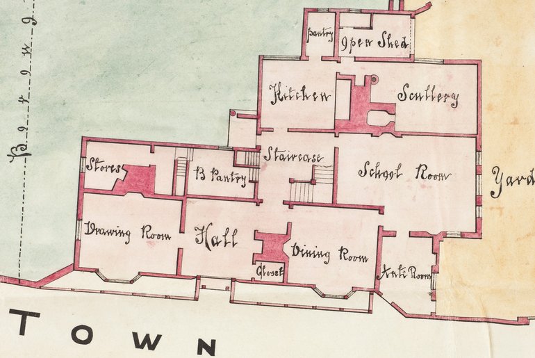The school room is the largest room apart from the Hall (which is shown as hall and dining room, part-separated by a closet and a fireplace).. I it the first of the rooms under the gable end which stands out at the right-hand side of the building.