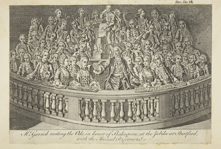 An engraving of the scene in the Rotunda, with Garrick, the singers and the orchestra surrounded by a low balustrade.