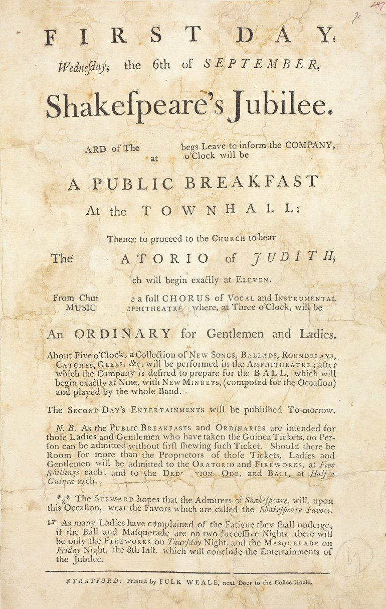 Handbill announcing the events of the first day. Prominent is the announcement of a public breakfast at the Town Hall.