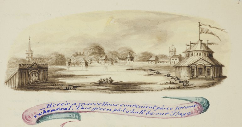 The Rotunda, with its windowed second storey, is on the right, with banners flying. On the left, across an open and empty field, is the Classical screen for the fireworks. in the background are houses and a church.