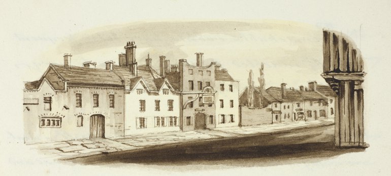 The drawing shows a row of houses of differing styles and sizes (none showing beams); from the second, which has two dormer gables, a sign hangs out over the street.