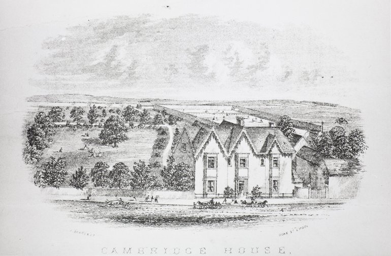 The sketch shows the house with outbuildings on the right, with a large garden behind and to the left (lawn surrounded by trees, a single tree in the centre) and two widely-spaced rows of buildings behind to the right. There is no hint of a town anywhere.