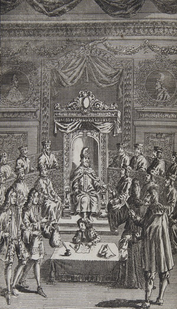A Judge sits on a throne-like seat, with a clerk at a desk below. Bewigged men stand on both sides of the Clerk's desk. All are in eighteenth-century dress.
