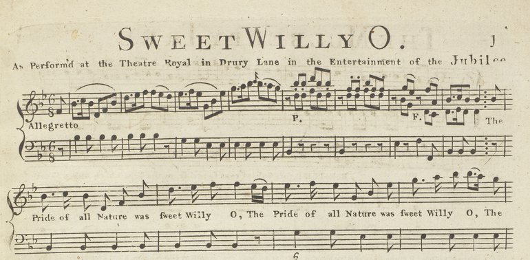 'Sweet Willy O' written for the Shakespeare Jubilee of 1769. The music consists of an eight-bar introduction followed by the beginning of the song written in two parts.