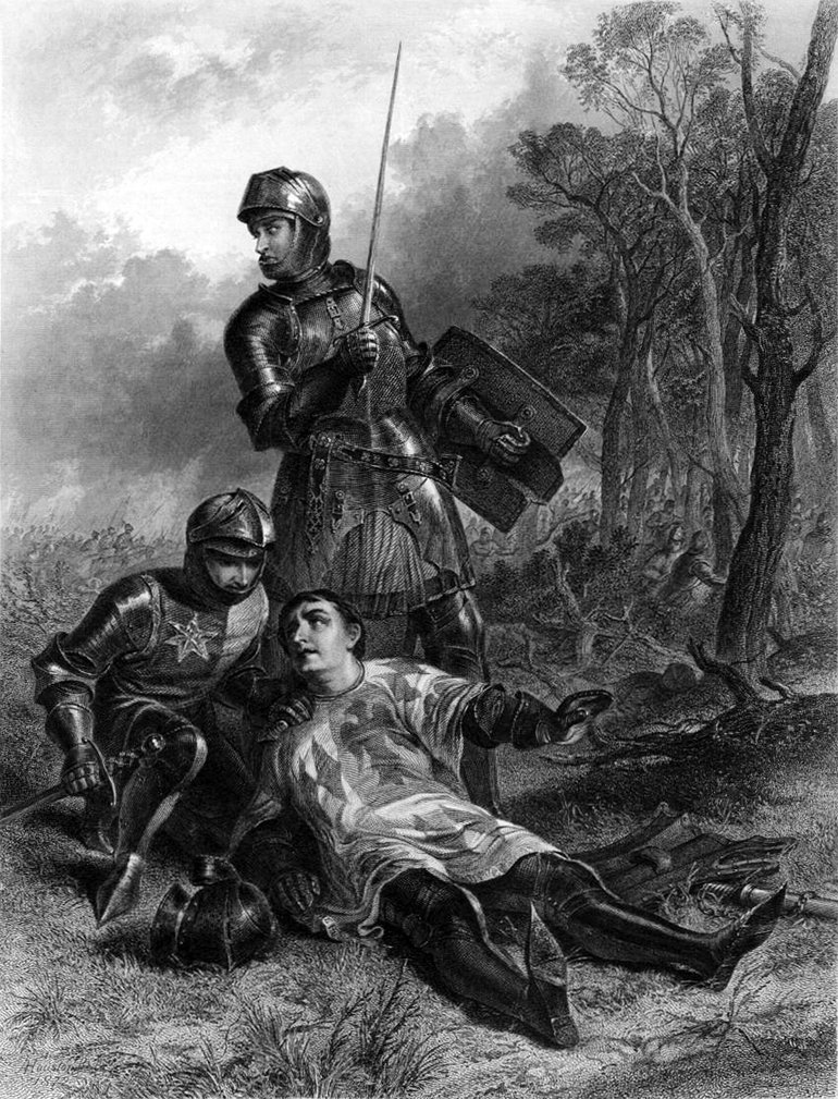In the centre, Warwick lies on the ground, propped on the knee of a fully-armoured man behind him on his right. Warwick wears a surcoat and no helmet. Immediately behind him another man in armour with drawn sword and a shield looks and leans to our left.