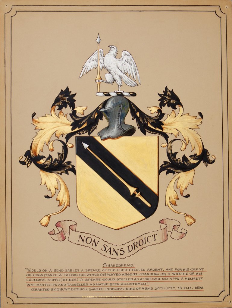 Shakespeare Family Crest. The wreath referred to appears as a black and gold diagonal strip, while the mantles and tassels are leaf-like shapes in black and gold flowing from a grey steel helmet.