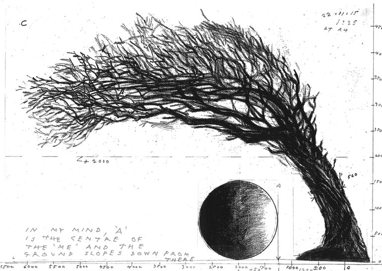 The artist's working drawing for the tree sculpture.