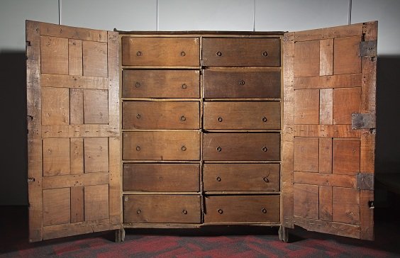 The ‘Cubborde of Boxes’. A late 16th-century oak cupboard made to store the Stratford Corporation Records in 1594;