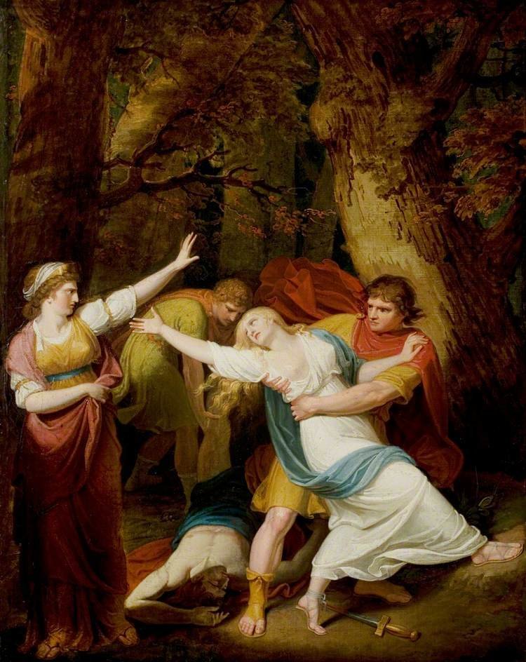 Lavinia is being dragged away by one of Tamora's sons, the other is bending over the body of Bassanius. Lavinia is reaching out her hand in appeal to Tamora, whose hand is raised in rejection of the appeal.