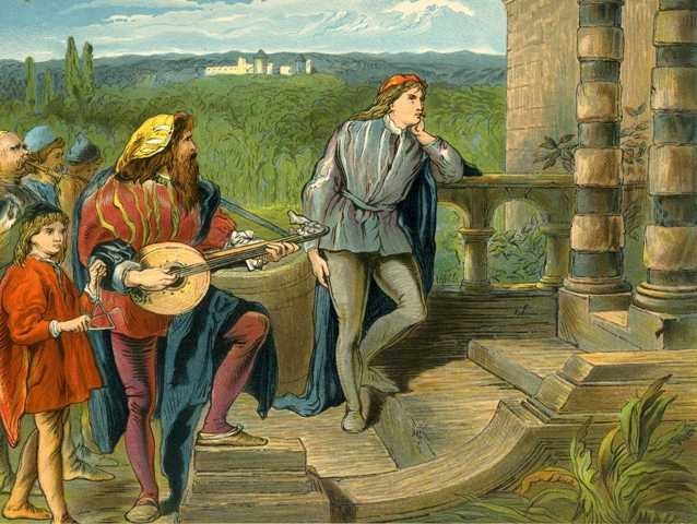The musician plays a mandolin, with a small crowd behind him while the young lover rests his left elbow on a balustrade and his chin in his left hand, and stares longingly at the pillars of the doorway to the house.