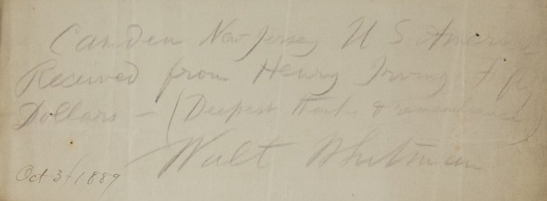 Note from Walt Whitman recording the receipt of a gift from Henry Irving 1889