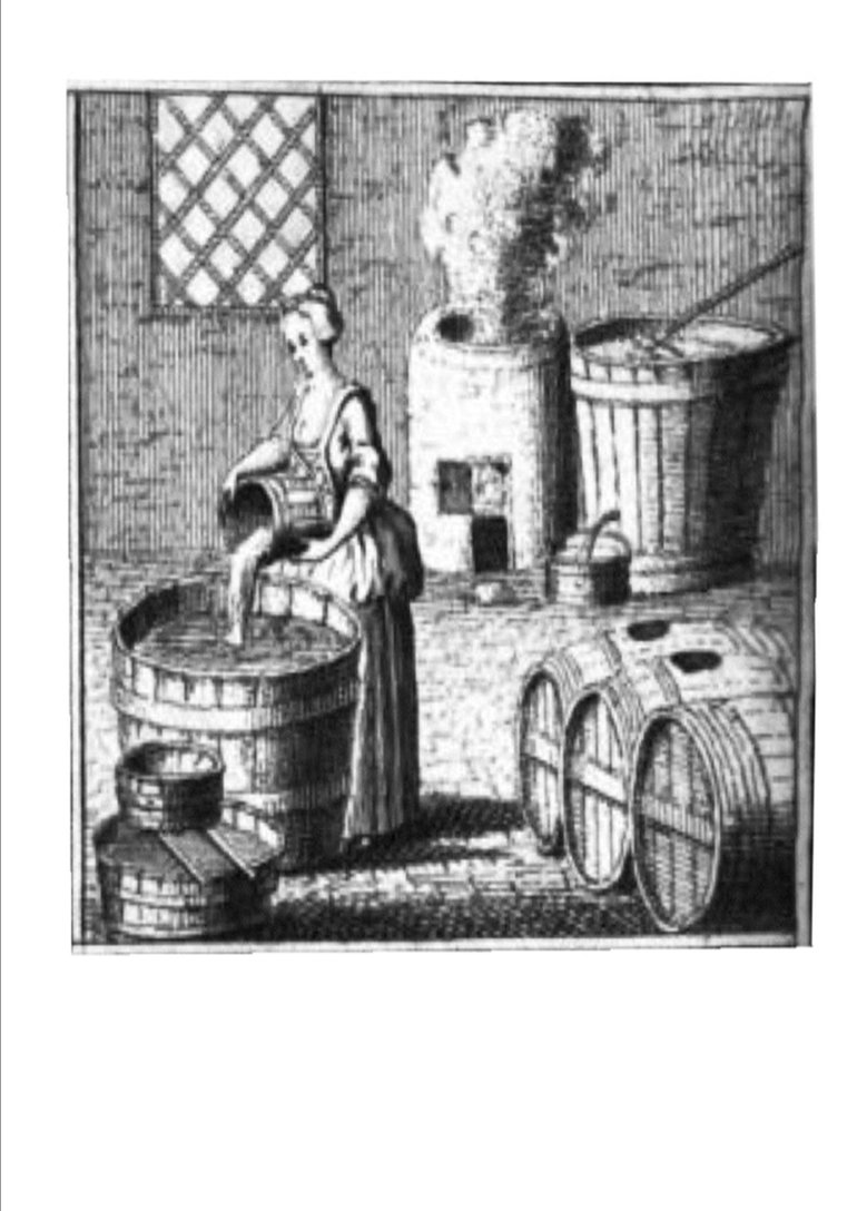 Woodcut of a brew house showing the housewife of her day brewing up drink for her family