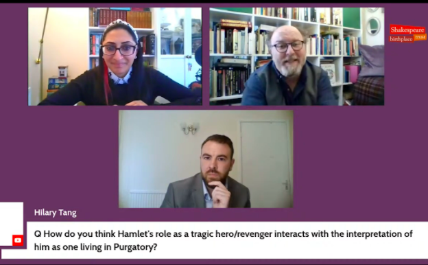 Screenshot of Shakespeare Birthplace Trust Education Team on Video Call for the Hamlet-themed Catchup with Shakespeare session