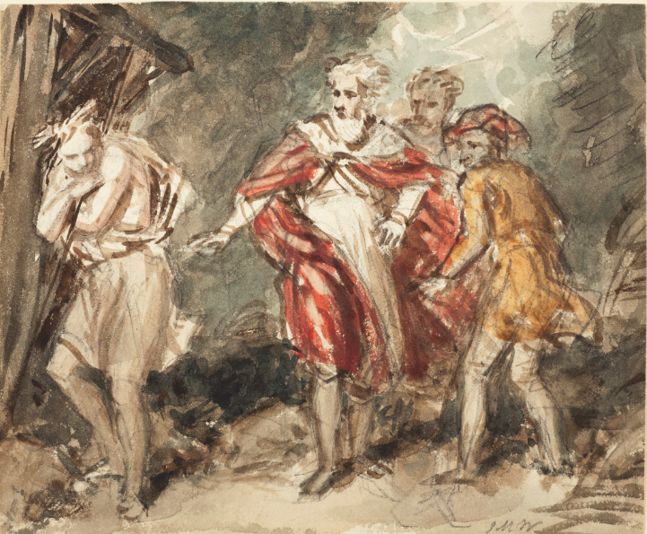 On the left is an end of a hovel; a hunched "poor Tom", scantily clad, leads Lear (a red gown blowing open over a white smock), the fool (in yellow, facing Lear but looking over his shoulder at Tom) and (behind them) the head and shoulders of Kent.