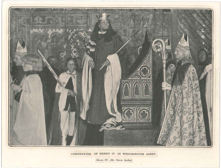 The king, crowned, in a long robe and with long black hair, holds a sceptre as he stands watching a procession of clerics and bishops. His decorated throne is beside him, and to his right and behind him is an attendant holding a very long sword.